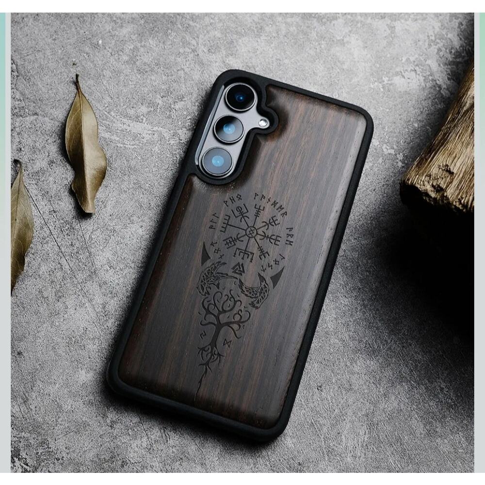 Samsung Galaxy S24 Wood Phone Case – Real Wood Engraved Viking Design